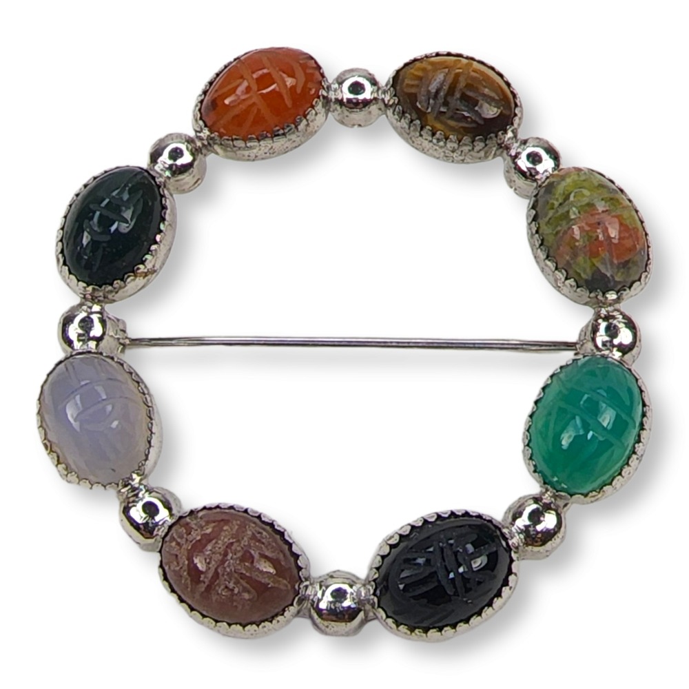 Beau Sterling Brooch 925 Silver 1.4" Multi-Color Carved Gemstone Scarab Wreath
